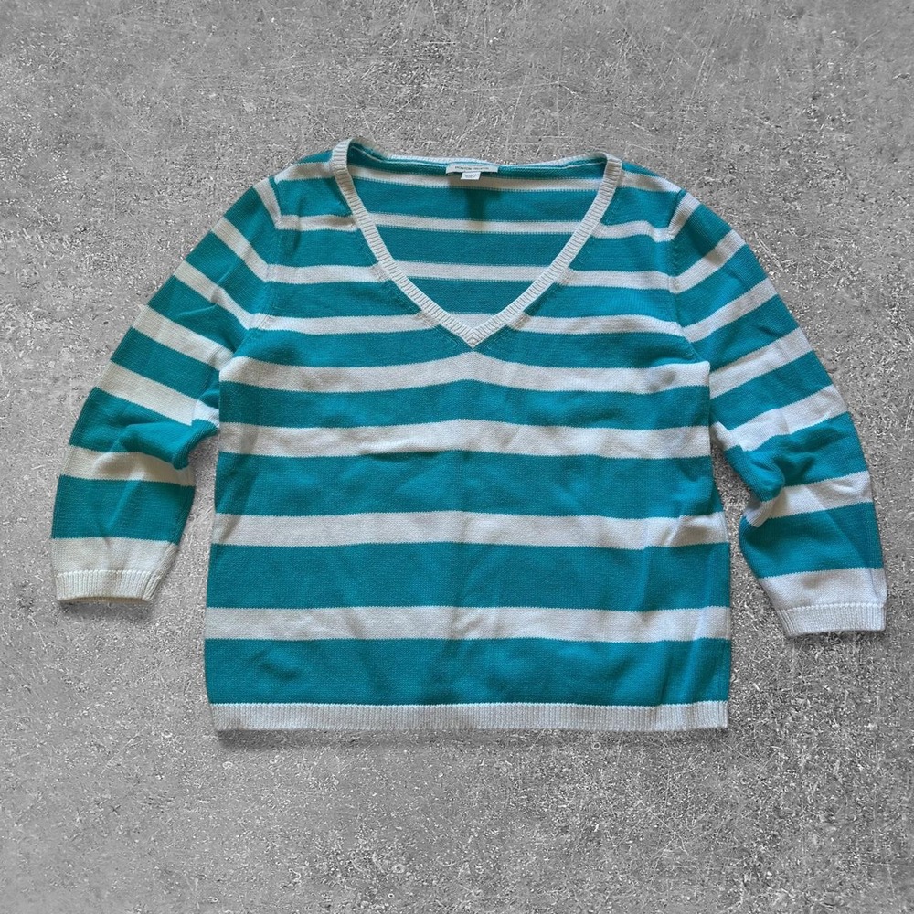 Boston Proper Womens Striped V-Neck Cotton Sweater 3/4 Sleeve Teal White Size S